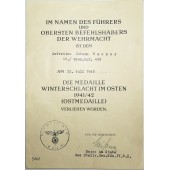 Certificate for the medal "For the Winter Campaign on the Eastern Front"